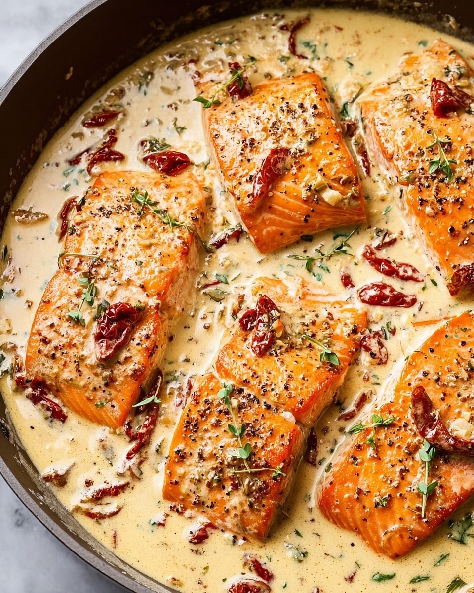 A close-up view of four cooked salmon fillets arranged in a round pan filled with a creamy sauce. The sauce is light tan with specks of herbs, and dotted with pieces of red sun-dried tomatoes scattered evenly over and around the salmon. The salmon fillets are orange with a slightly crispy texture on top, sprinkled with black pepper and small green herb leaves. The creamy sauce pools around the salmon, creating a smooth, rich layer beneath and partially covering the fish. The pan edges are visible, set on a white marbled texture surface. photo taken with an iphone --ar 4:5 --v 7