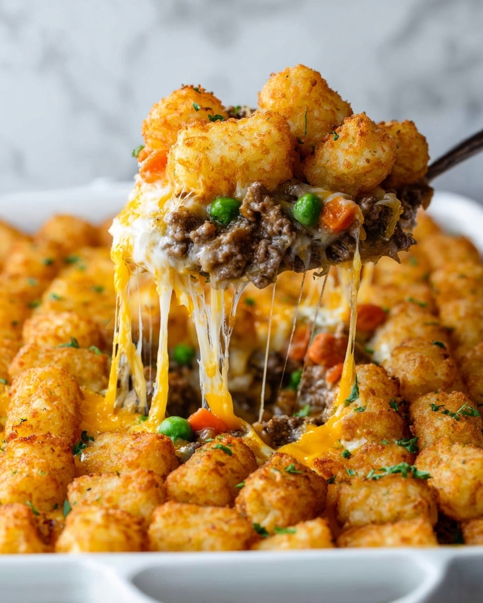 The image shows a close-up of a cheesy tater tot casserole being lifted from a white dish. The top layer has golden brown crispy tater tots sprinkled with small green herbs. Underneath, there is a creamy mix of cooked ground beef, bright orange carrot pieces, and green peas all held together with melted gooey yellow cheddar cheese stretching with the scoop. The casserole looks thick and rich with visible textures of crunchy, creamy, and soft ingredients. The background is a white marbled texture. Photo taken with an iphone --ar 4:5 --v 7