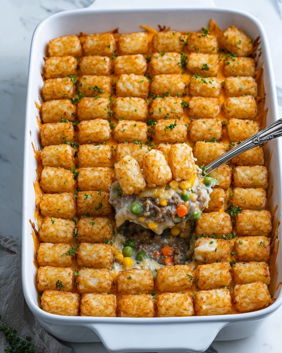 A white rectangular casserole dish holds a baked tater tot casserole with three visible layers; the top layer consists of golden-brown crispy tater tots arranged tightly in rows, sprinkled with small green herb bits, showing a crunchy texture. Underneath, an orange melted cheese layer peeks through the gaps between the tots, adding creaminess and color contrast. The bottom layer is a creamy mixture with visible diced orange carrots, bright green peas, corn kernels, and brown ground meat, all coated in a thick, creamy sauce. A silver spoon lifts a portion from the corner, revealing the different layered textures and colors against a white marbled surface background. Photo taken with an iphone --ar 4:5 --v 7