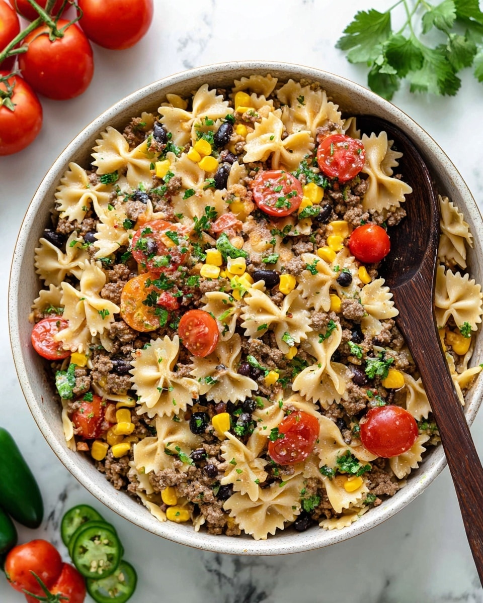 A large white bowl filled with a colorful pasta salad featuring several layers: the base layer is light beige farfalle pasta with a smooth texture, mixed with browned ground meat. Scattered throughout are small bright yellow cubes of cheese, shiny black beans, and bits of yellow corn adding pops of color. Halved cherry tomatoes in vibrant red and small green chopped herbs sprinkle the top, giving a fresh look. A wooden spoon with a dark brown handle rests inside the bowl, partly covered by the salad. The bowl sits on a white marbled surface with some red tomatoes and two green jalapeños nearby. photo taken with an iphone --ar 4:5 --v 7