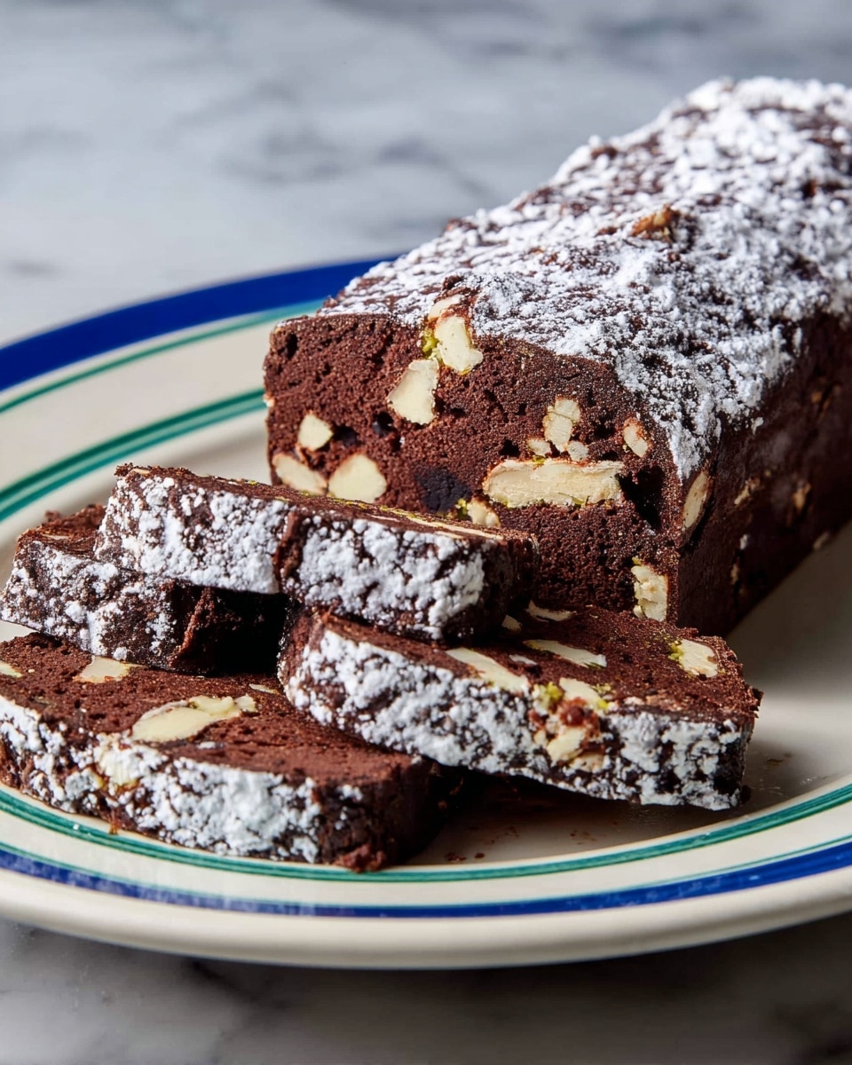 A dark brown chocolate biscuit cake is shown with a rough texture and a light dusting of powdered sugar on top, giving a speckled white appearance. The cake has been sliced into several thick pieces, revealing an inside filled with irregular cream-colored biscuit chunks mixed within the rich chocolate. The cake loaf sits on a white plate with blue and green stripes near the edges. The background is a white marbled texture. photo taken with an iphone --ar 4:5 --v 7
