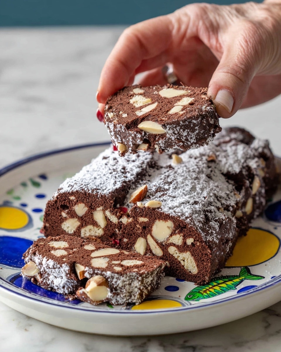 The image shows a dark brown chocolate dessert log with chunks of light-colored biscuit and nuts embedded throughout. The log is dusted lightly with white powdered sugar on top and is placed on a white plate with blue and yellow circular patterns and a small green fish design. Three slices are cut from the log and spread on the plate, revealing the mix of biscuit pieces and nuts inside. A woman's hand is holding one slice above the log, showing its rough texture and the mix of ingredients. The background features a white marbled texture. photo taken with an iphone --ar 4:5 --v 7