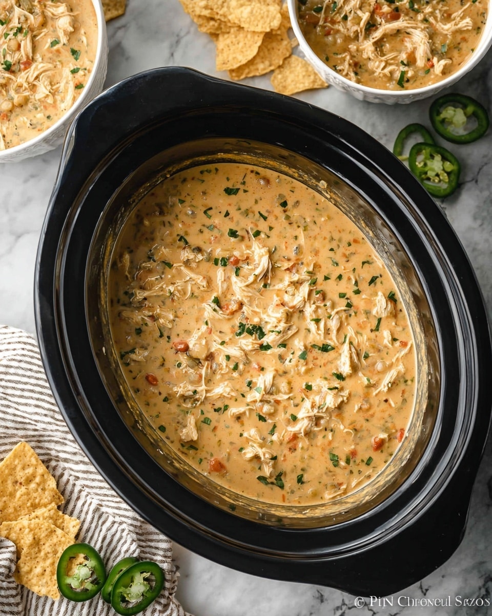 A close-up view of a black slow cooker filled with creamy chicken chili, showing shredded chicken pieces and small bits of vegetables in a thick, light brown sauce with specks of green herbs on top. Surrounding the slow cooker are two white bowls partially filled with the same creamy chili and visible chicken pieces. There are slices of green jalapeño and multicolored tortilla chips scattered on the white marbled surface, along with a striped cloth napkin draped near the cooker. The image has a cozy, warm feel. photo taken with an iphone --ar 4:5 --v 7