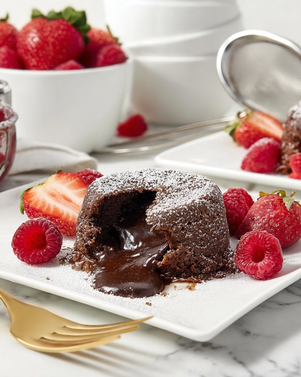 A dark brown air fryer lava cake is placed in the center of a white square plate on a white marbled surface. The cake has a textured outer layer with a soft, gooey chocolate center oozing out, dusted lightly with white powdered sugar. Around the cake are fresh red raspberries and bright red strawberries, some whole and some sliced, adding a pop of color. In the background, there is another white plate with two more lava cakes and strawberry halves, along with a shiny gold fork lying on the surface near the main plate. The scene is bright and fresh with a clean look. photo taken with an iphone --ar 4:5 --v 7