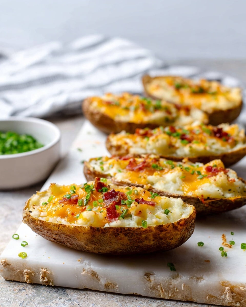 There are four potato skins on a white marbled surface, each potato skin cut in half lengthwise with a rough brown skin on the outside, filled with three visible layers: a base layer of creamy mashed potato in white, topped with melted orange and white cheese, and sprinkled with small green pieces of chopped herbs and tiny red bits of bacon on top; the potato skins are arranged in a line, slightly overlapping, with one in sharp focus in the front and the others fading into the background. A small white bowl with green chopped herbs is on the left side, and a white cloth with stripes is blurred in the background. photo taken with an iphone --ar 4:5 --v 7