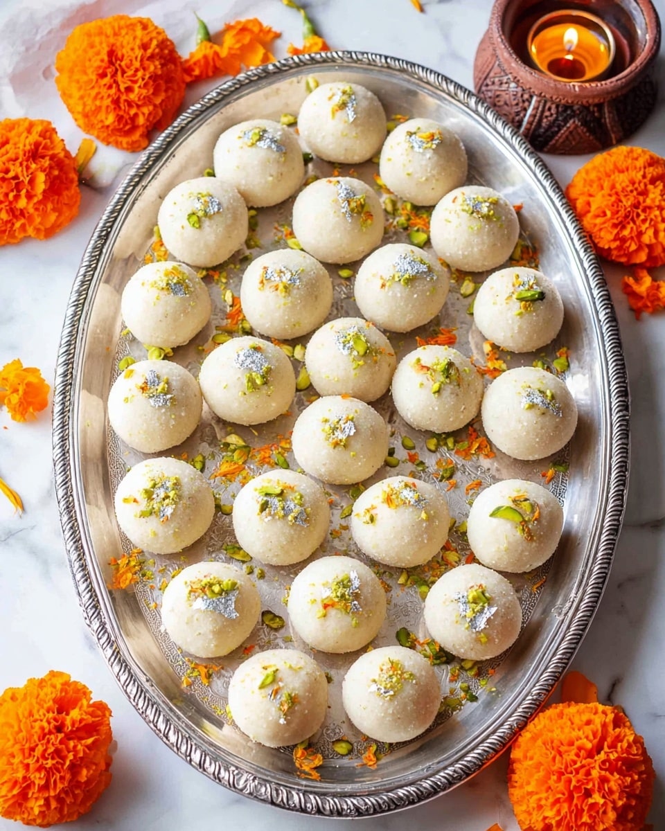 A large oval silver tray holds 25 smooth, round white ladoos arranged in five rows. Each ladoo is topped with small silver foil pieces and tiny green bits, likely crushed pistachios, adding texture and color contrast. The tray is lightly sprinkled with the same green bits and scattered delicate orange flower petals. Around the tray, vibrant orange marigold flowers and a lit decorative clay oil lamp decorate the white marbled surface beneath, adding warm, festive tones. The entire scene is bright and colorful with a soft natural light, photo taken with an iphone --ar 4:5 --v 7