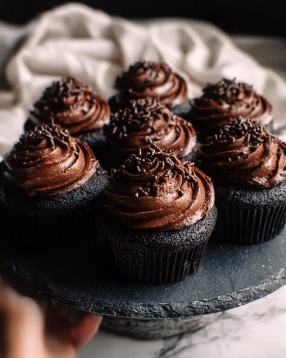 This image shows a group of six dark chocolate cupcakes arranged closely on a black slate plate. Each cupcake has a thick swirl of shiny chocolate frosting on top, with small chocolate sprinkles scattered over the frosting. The cupcakes have a rich, moist texture and a deep black color. The background is a soft white marbled surface with a slightly blurred white cloth in the back. A woman's hand is gently holding one cupcake on the left side. photo taken with an iphone --ar 4:5 --v 7