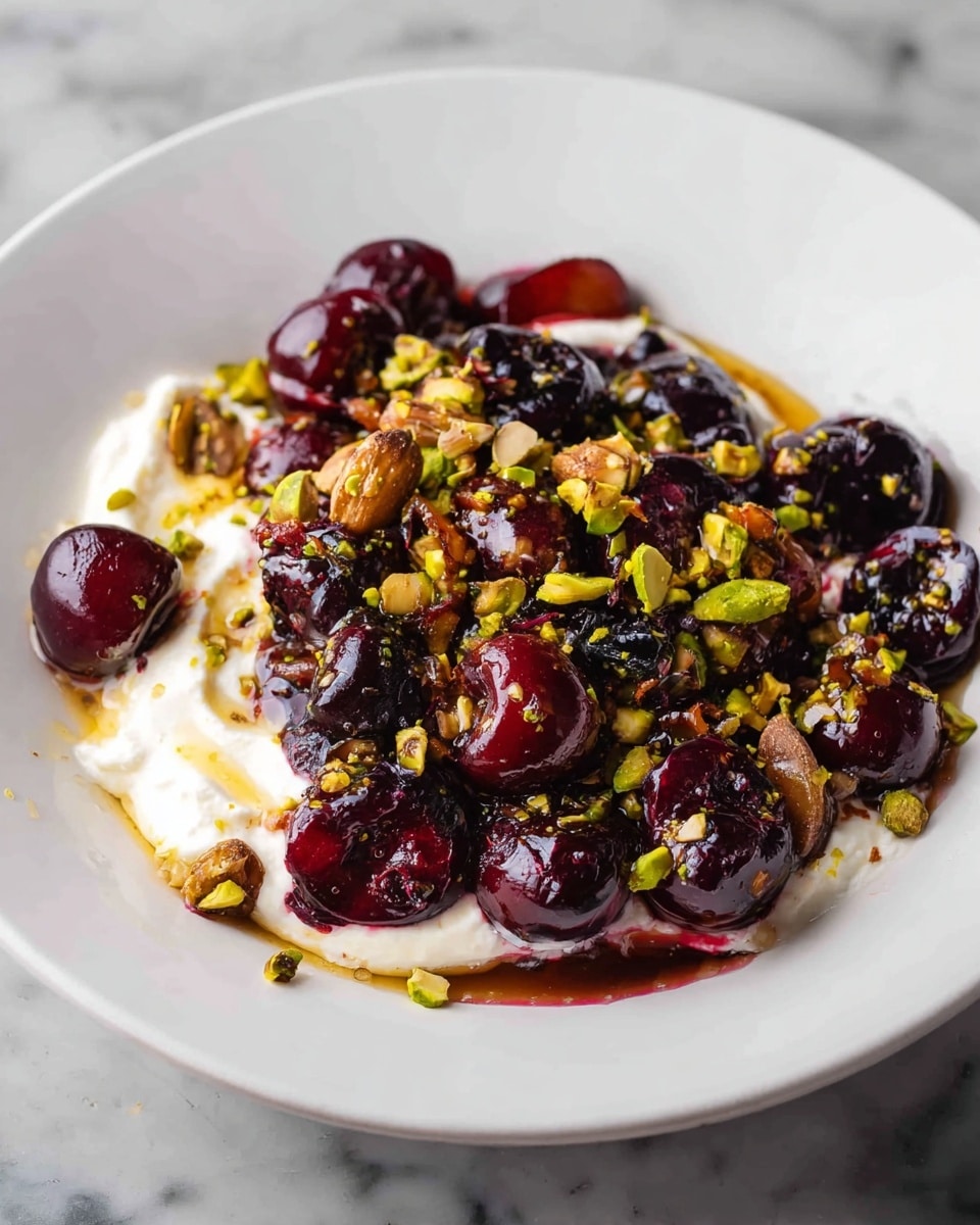 A white plate holds a layered dish with a creamy white base that looks soft and smooth, topped with a mix of glossy dark red and black cherries, some of which appear cooked or stewed, giving a shiny and juicy texture. Scattered over the fruit are small greenish-yellow pistachio pieces adding a crunchy texture and color contrast. There are also some golden brown nuts or raisins mixed in, providing another layer of texture. The dish is drizzled lightly with a syrup or honey that adds a shiny glaze on top. The background is a white marbled surface. photo taken with an iphone --ar 4:5 --v 7